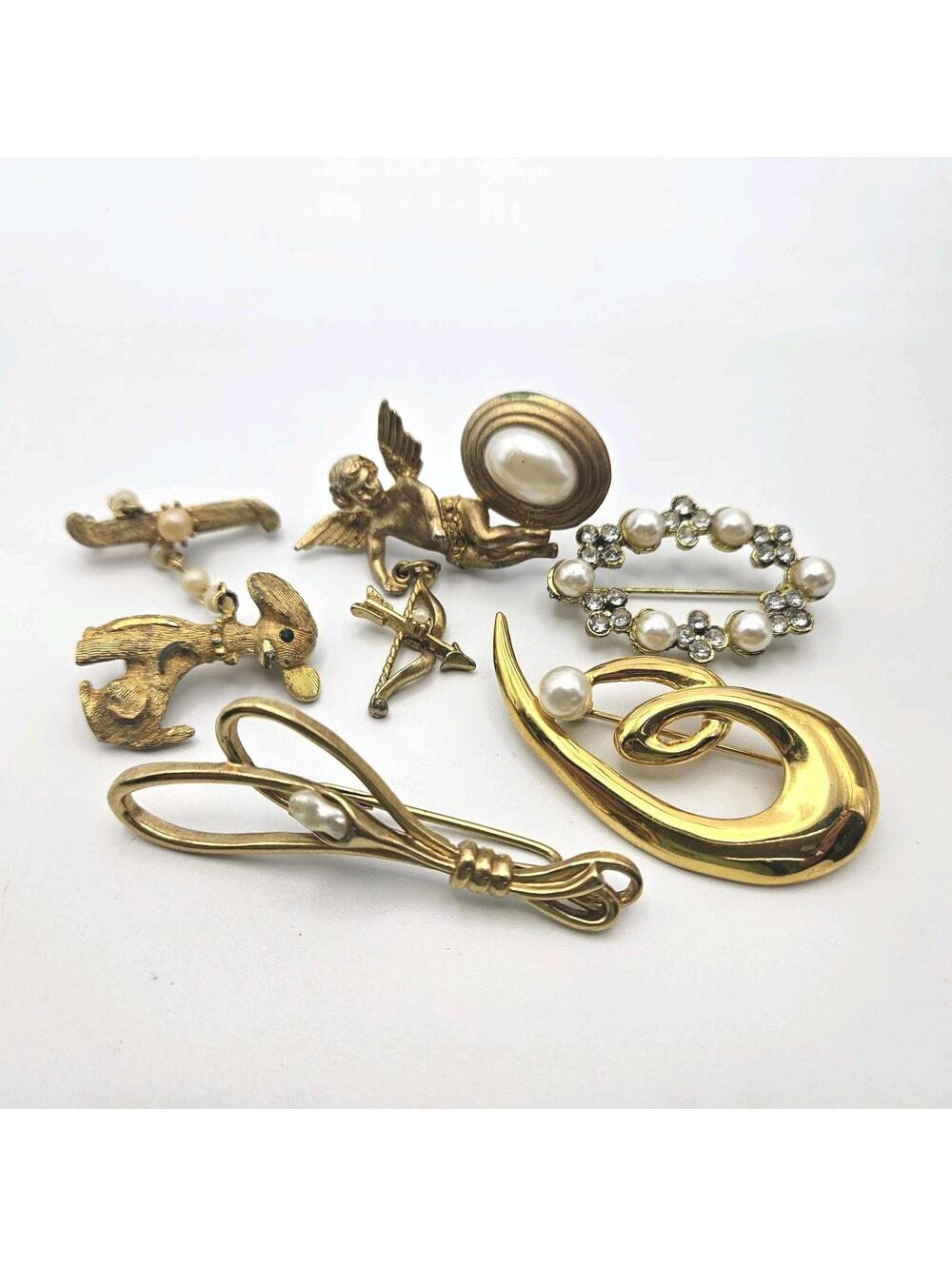 Vintage Lot Of 5 Victorian Style Gold Tone w/ Faux Pearl Brooches Pins MCM Dog